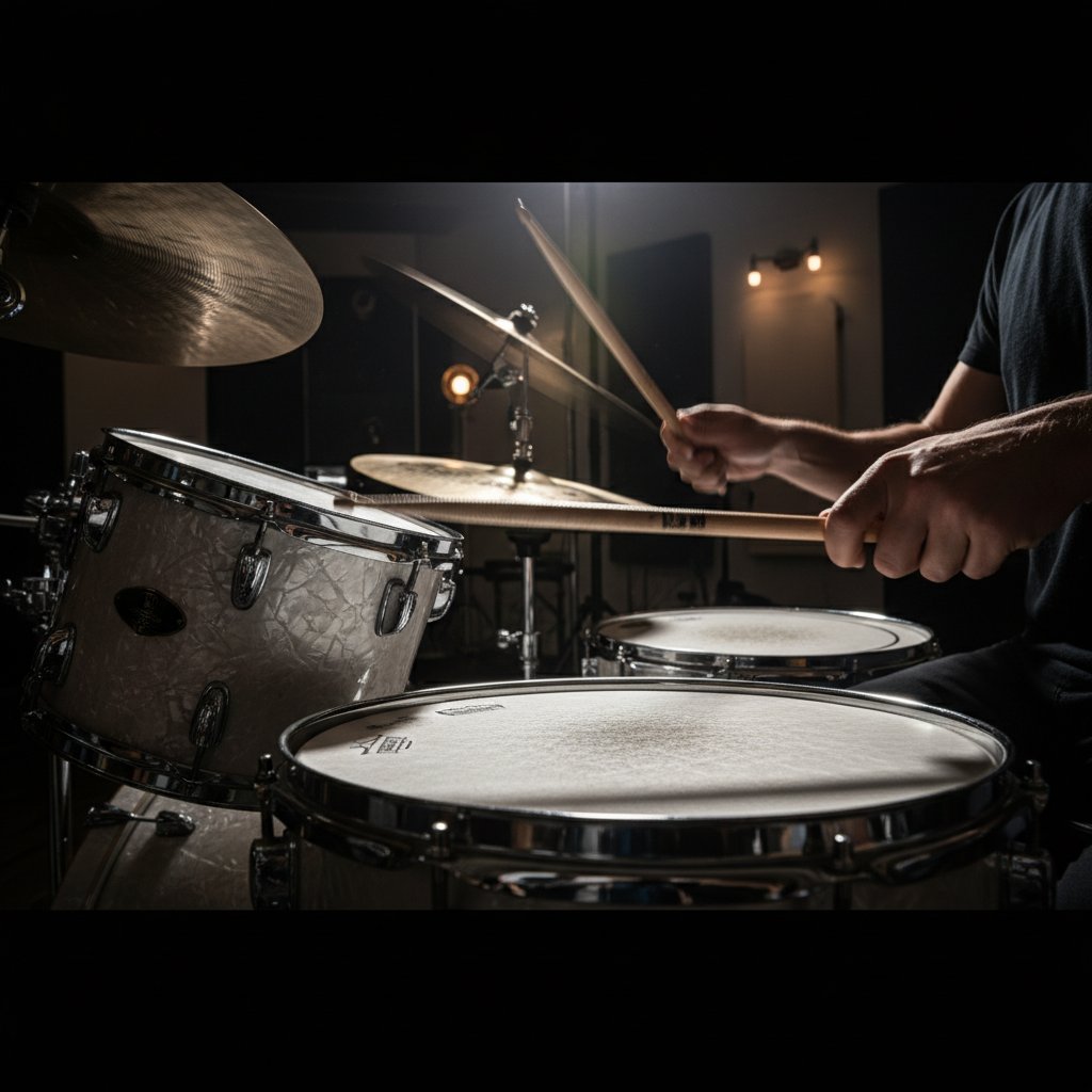 Professional drum kit in practice room at Vohira drum school in London